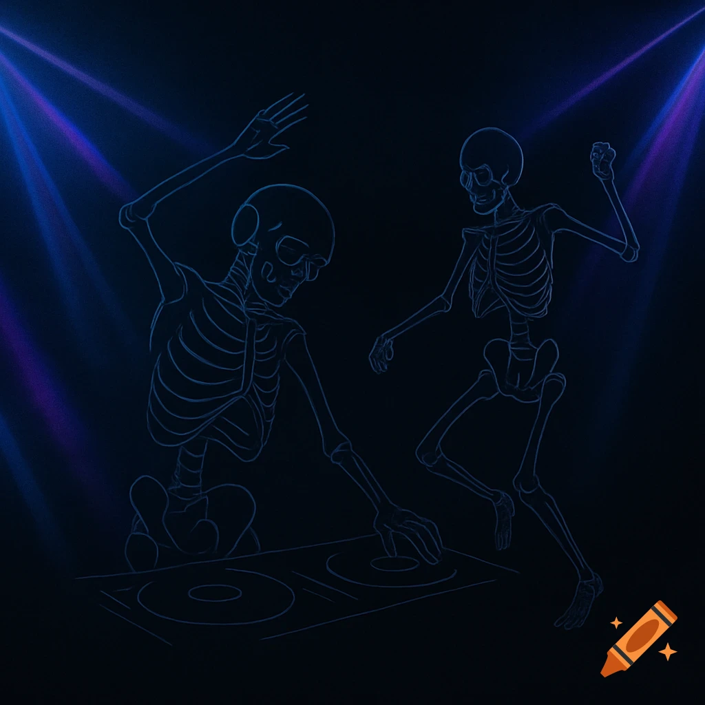 Two minimalist outline skeletons, one DJing and one dancing, under blue and purple nightclub laser lights.