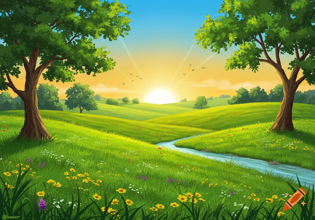 A vibrant illustration of a sunrise over rolling green hills, a flowing stream, and blossoming trees.