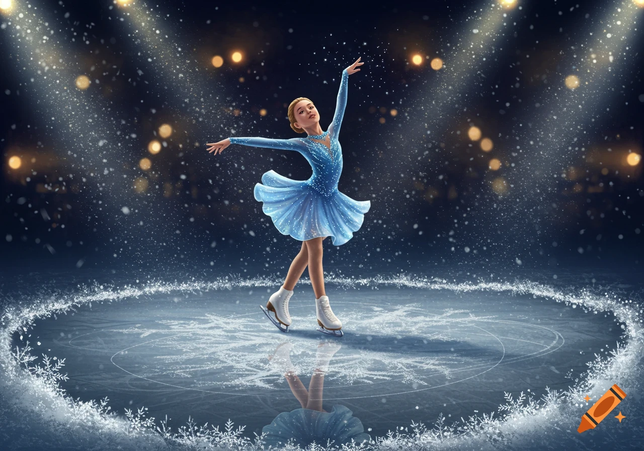 A young girl in a sparkling blue dress gracefully ice skates on a rink under spotlights, surrounded by falling snow and icy designs.
