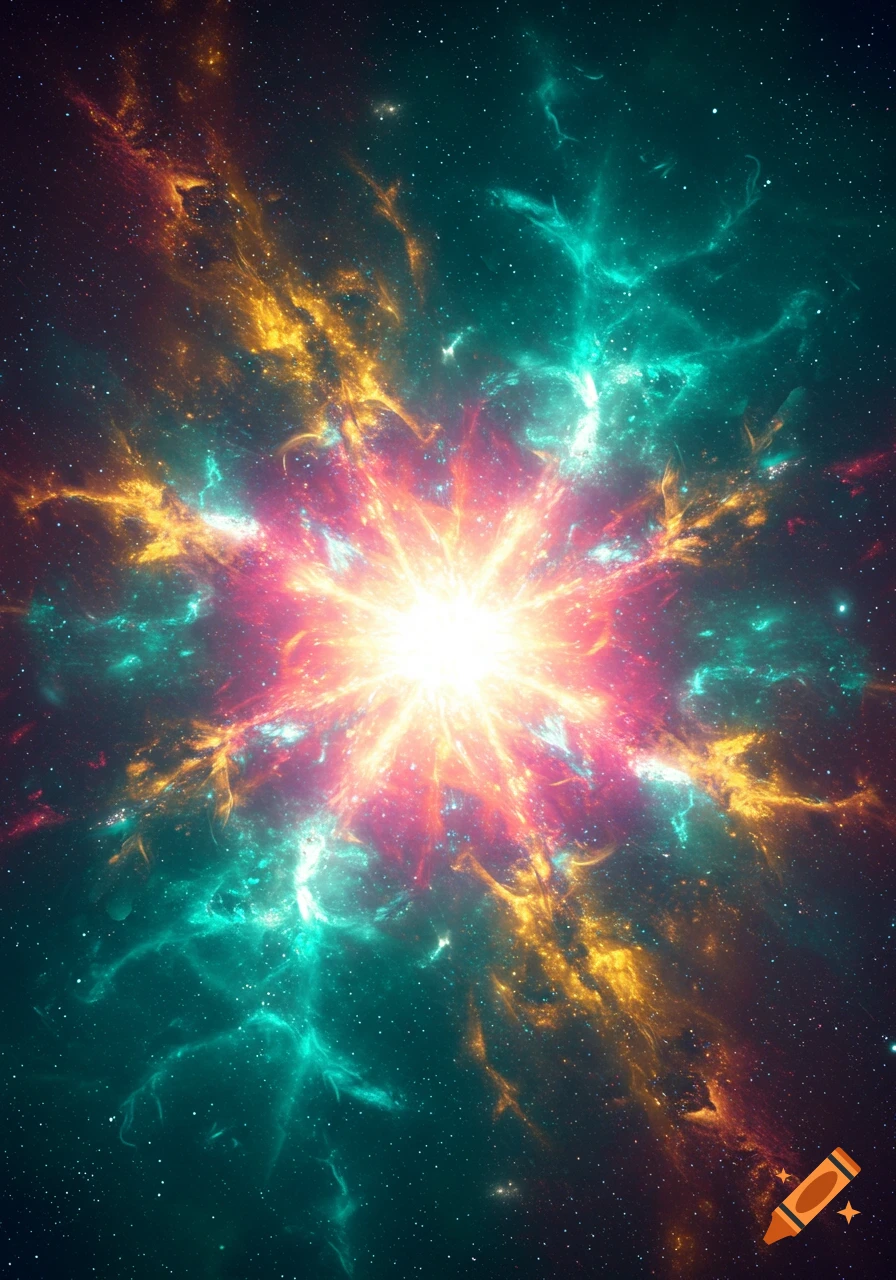 A vibrant cosmic explosion with a bright white-yellow core, surrounded by swirling pink, orange, and teal nebulae amidst a field of stars.