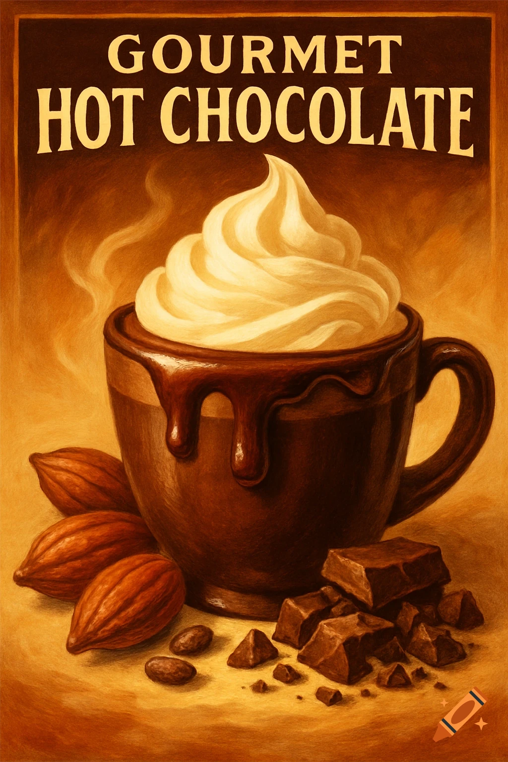 A warm illustration of a mug of gourmet hot chocolate with whipped cream, melting chocolate, cocoa beans, and chocolate chunks, text 'GOURMET HOT CHOCOLATE'.