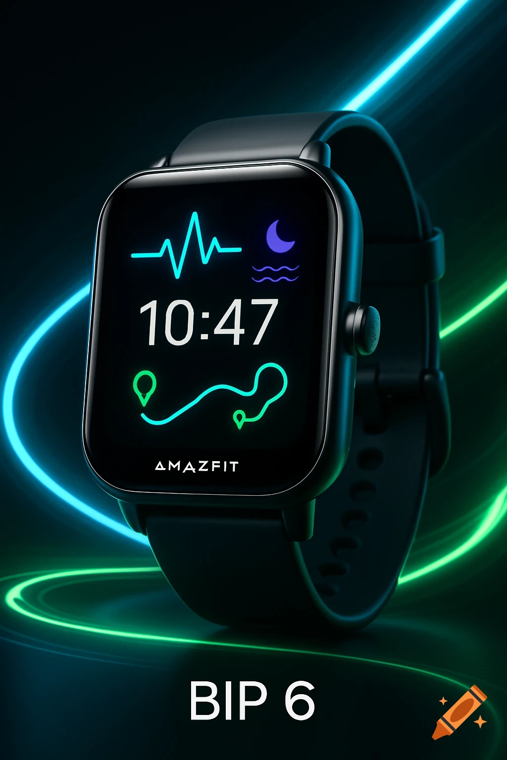 A black Amazfit Bip 6 smartwatch displaying time, heartbeat, sleep, and GPS route, set against dynamic blue and green light streaks.