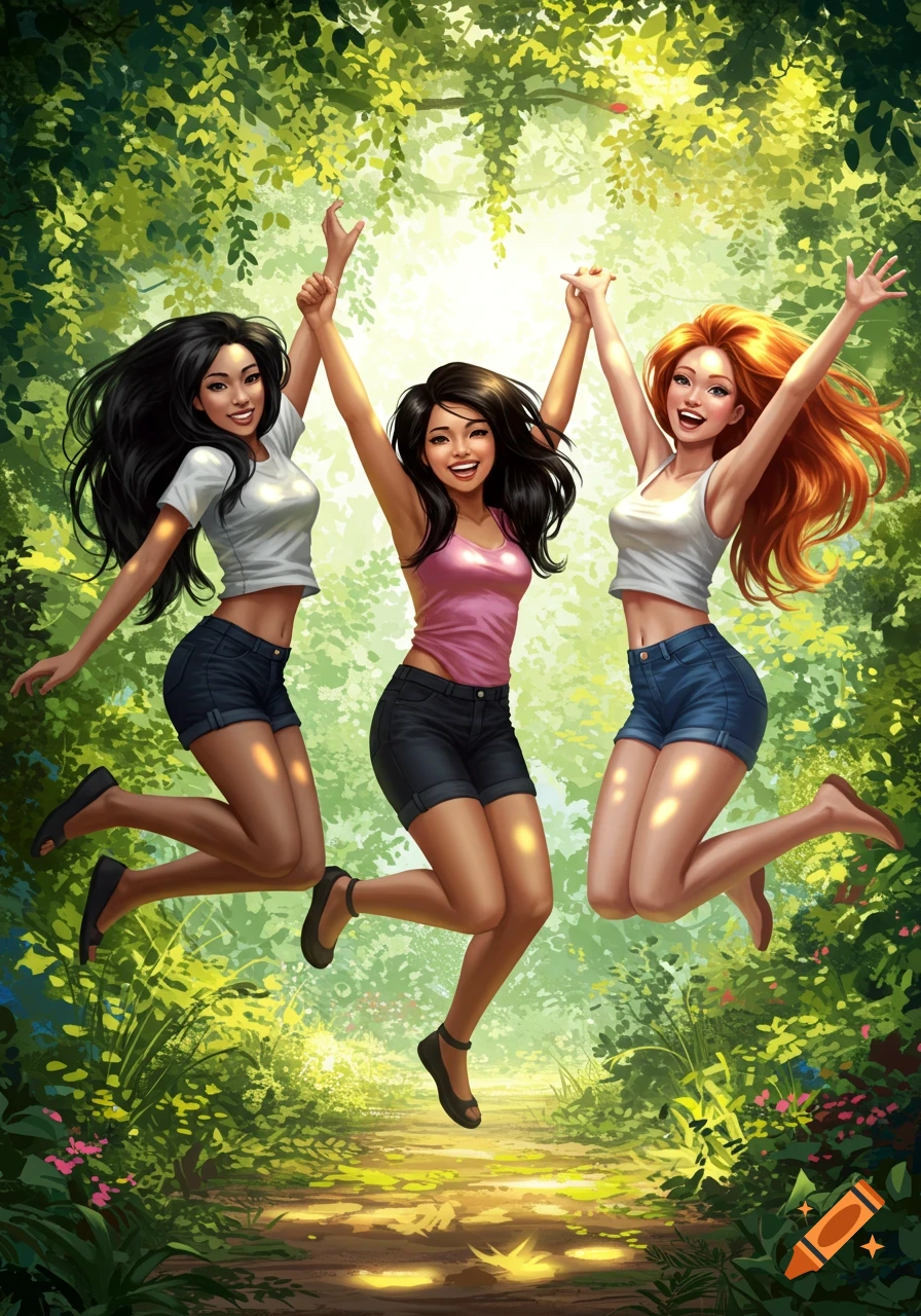 Three happy women, two with dark hair and one with red hair, jump and cheer in a lush green forest with dappled sunlight, in a vibrant digital art style.