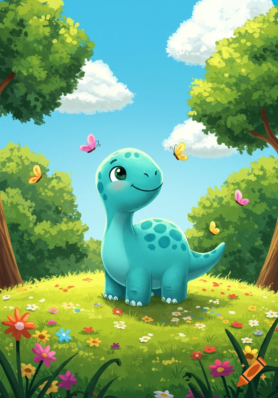 A cute cartoon blue dinosaur with spots stands in a vibrant green field filled with colorful flowers and butterflies under a blue sky with white clouds.