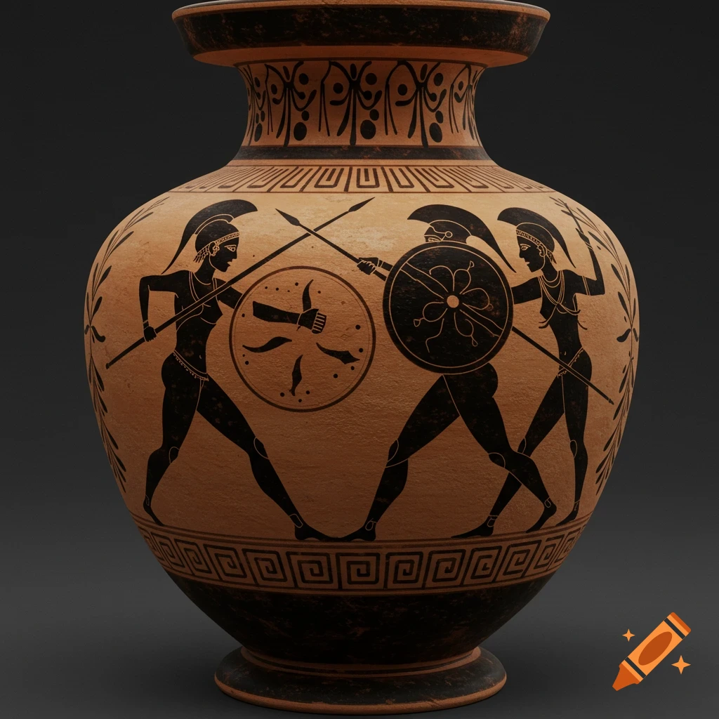 A terracotta Greek vase depicts three stylized black figures of warriors in battle, holding spears and shields, against a dark background.