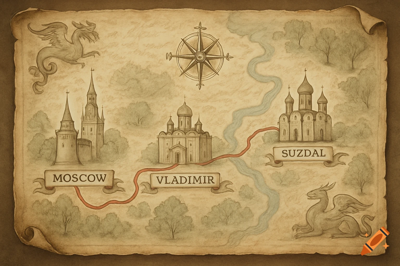 Vintage map illustrating a route from Moscow to Vladimir to Suzdal, featuring historical buildings, a compass, and dragons.