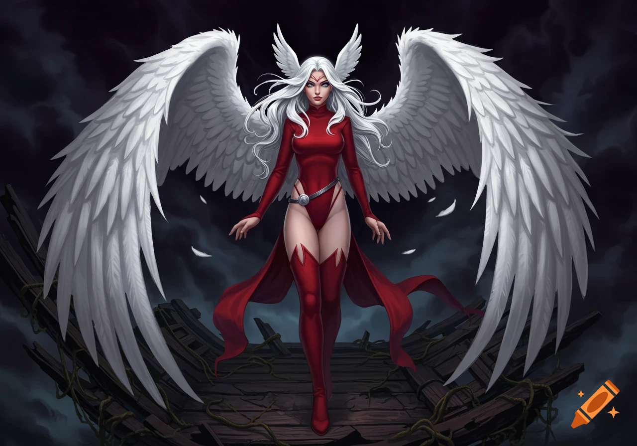 A white-haired winged female character in a red leotard and boots stands confidently on a dark shipwreck deck with vines.