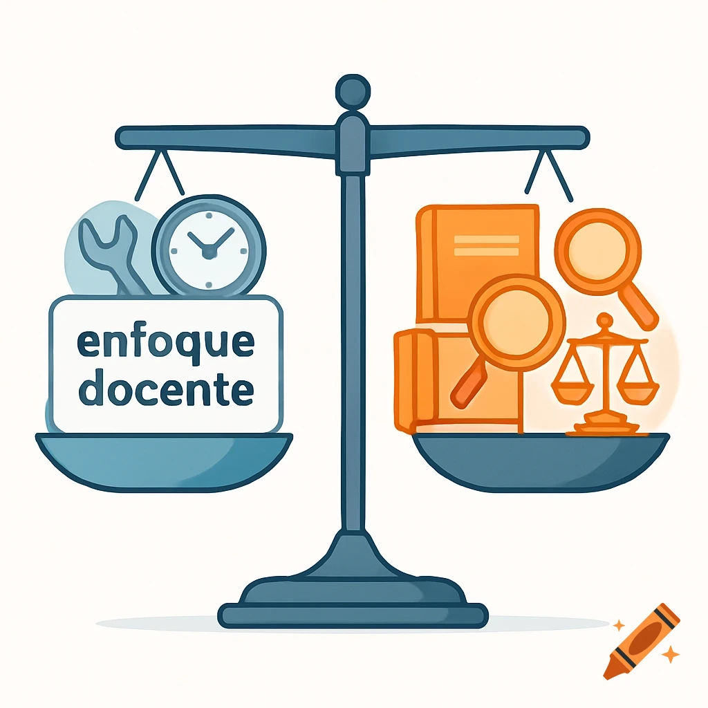 Cartoon illustration of a balance scale. Left pan holds a sign 'enfoque docente', clock, and wrench. Right pan holds books, magnifying glasses, and a mini scale.