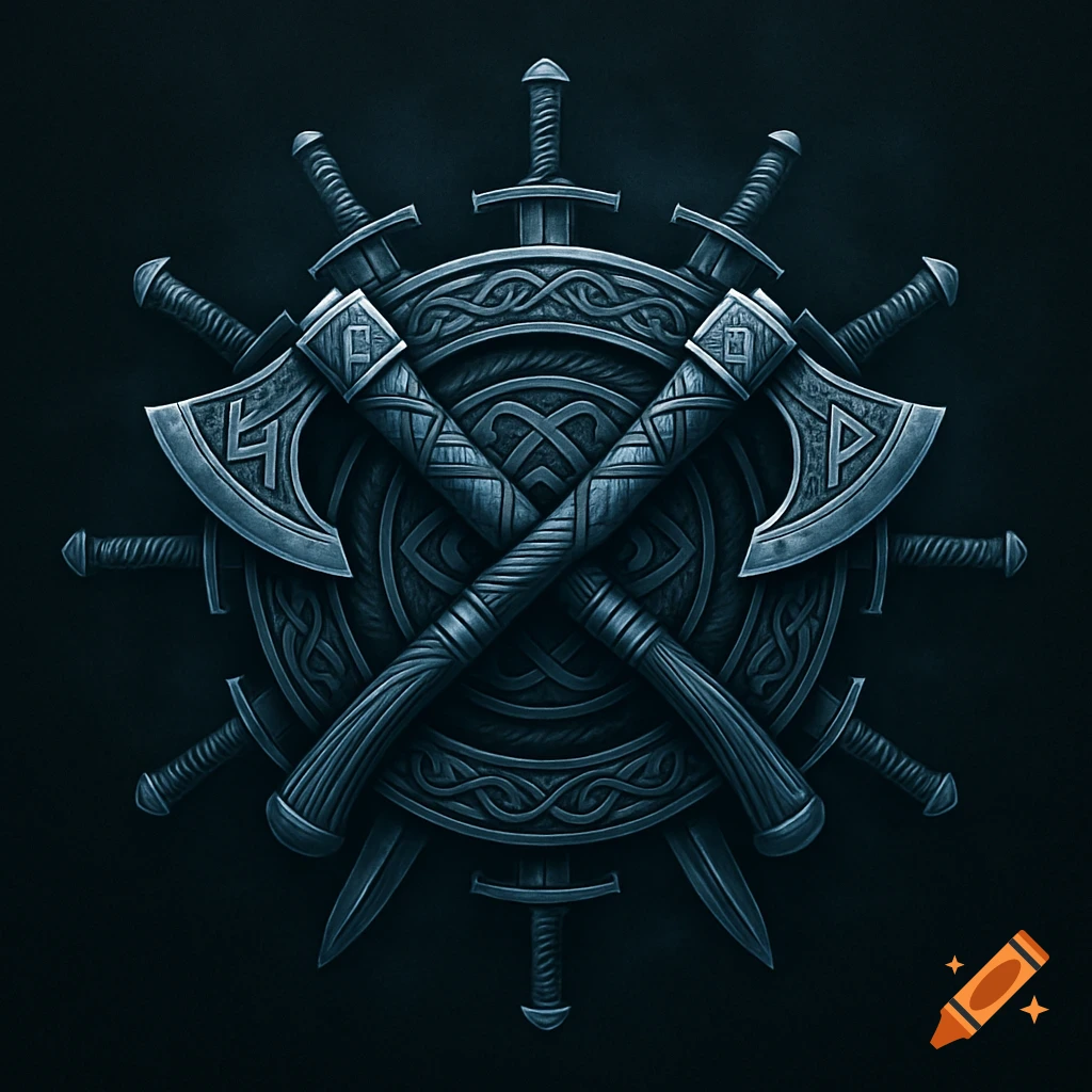 A dark, metallic Norse logo featuring crossed axes and swords arranged in a circular pattern with intricate knotwork designs.