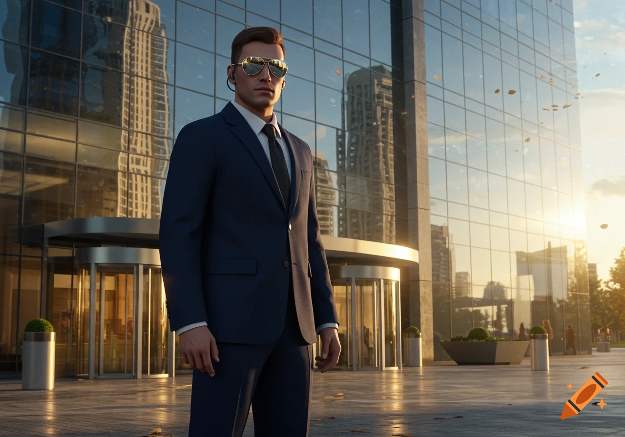 A security man in a suit, sunglasses, and earpiece stands before a reflective glass skyscraper at sunset.