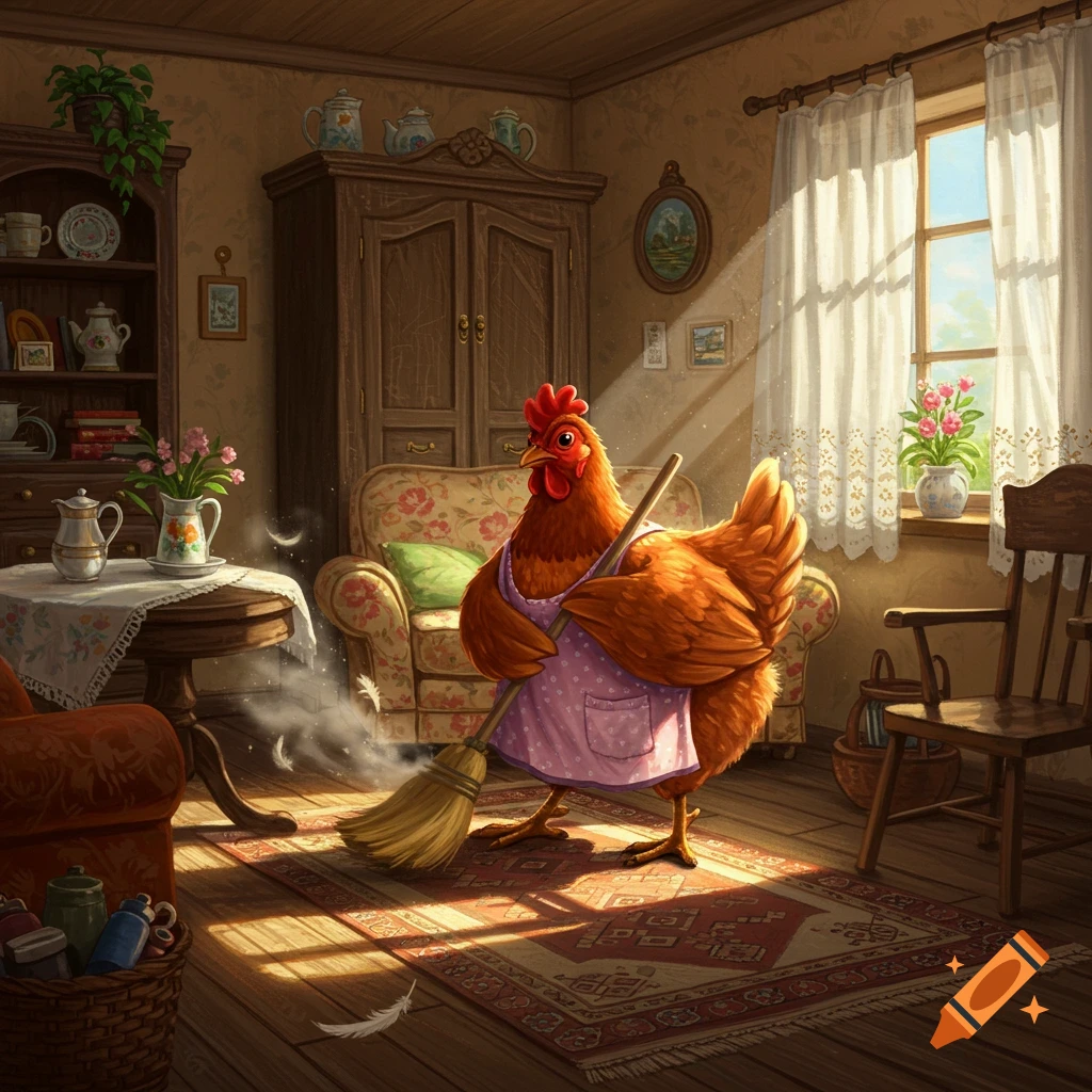 A red hen in a pink apron sweeps a patterned rug in a sunlit, rustic living room.