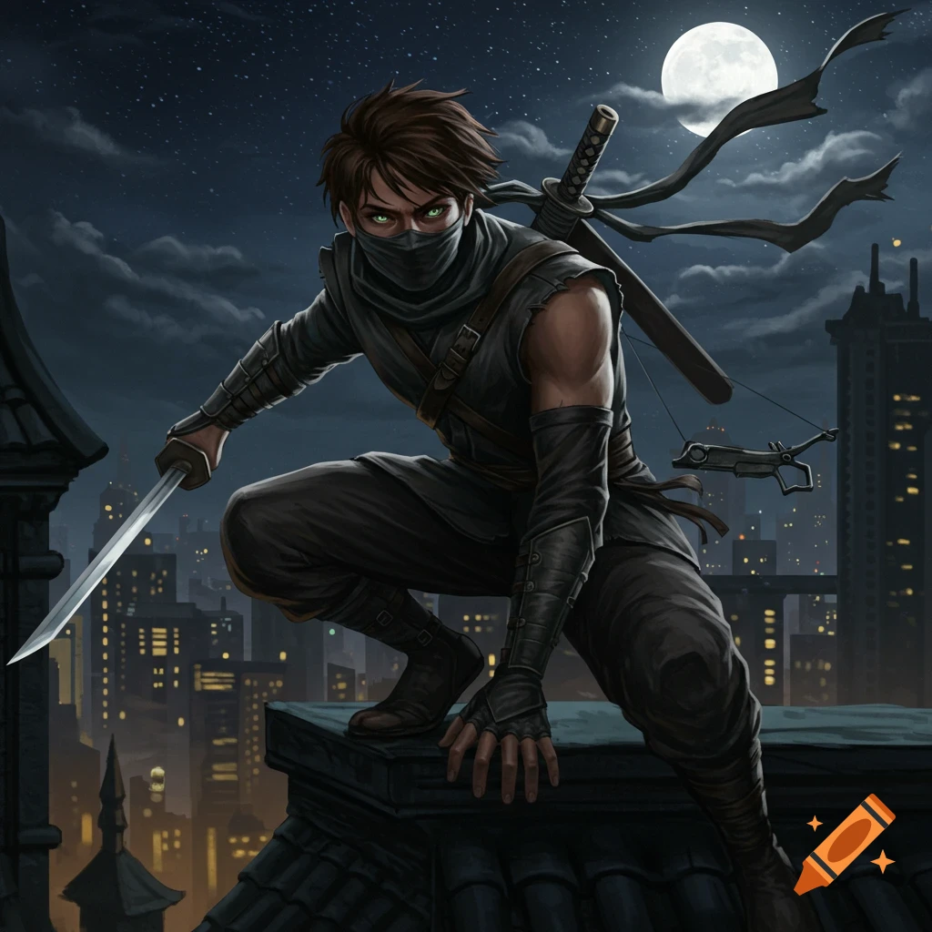 A masked ninja with glowing green eyes crouches on a dark city rooftop at night, holding a shortsword.