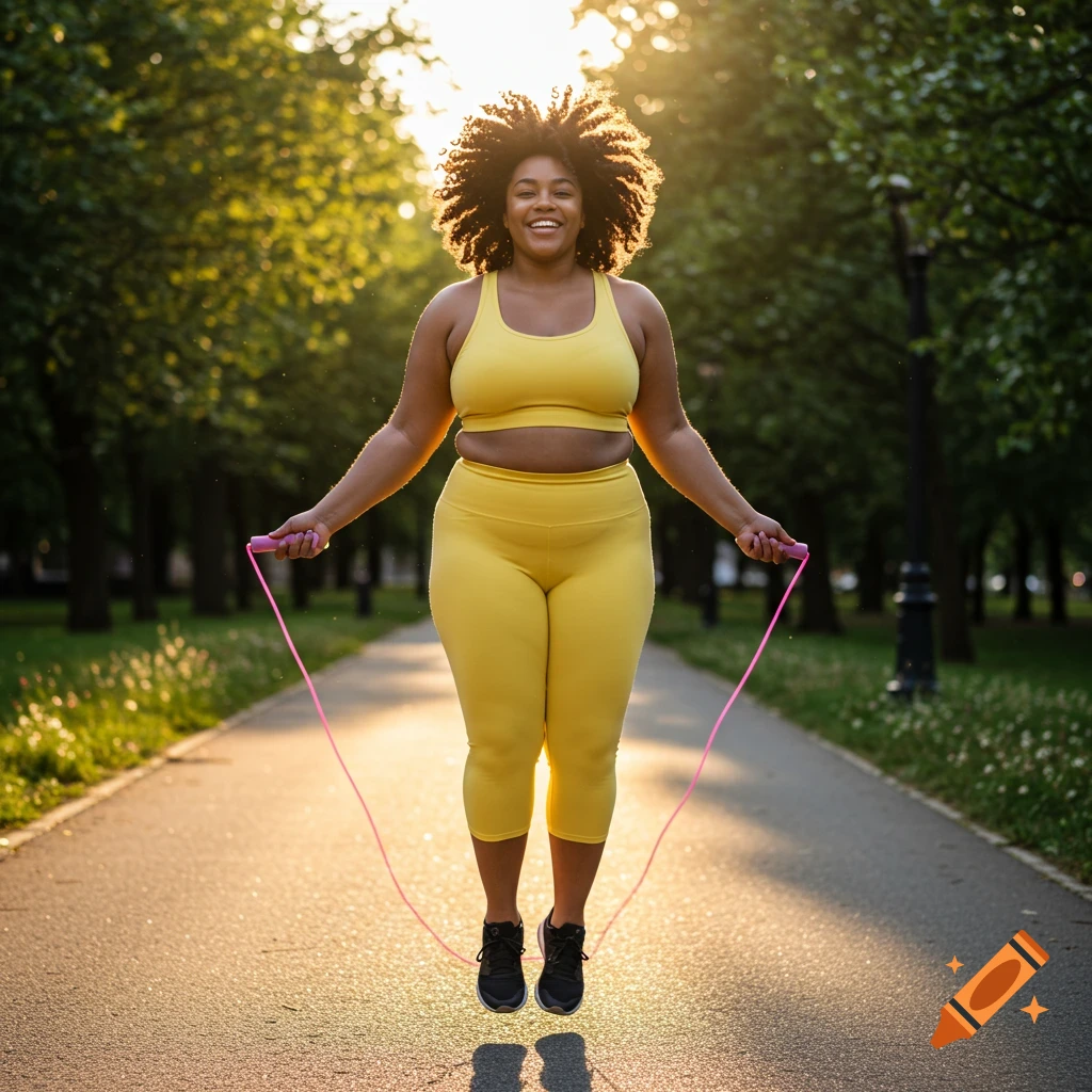 A smiling woman with curly hair jump-ropes on a path in a park, wearing a yellow sports bra and leggings, with sunlight filtering through trees.