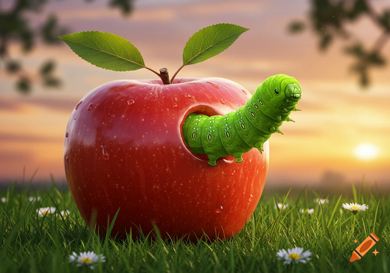 A bright green caterpillar emerges from a hole in a dewy red apple, resting on green grass with white flowers at sunset.