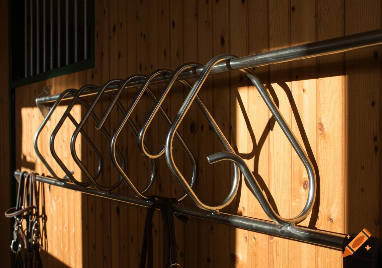 A shiny metal horse bridle rack with leather straps hangs on a sunlit wooden stable wall.