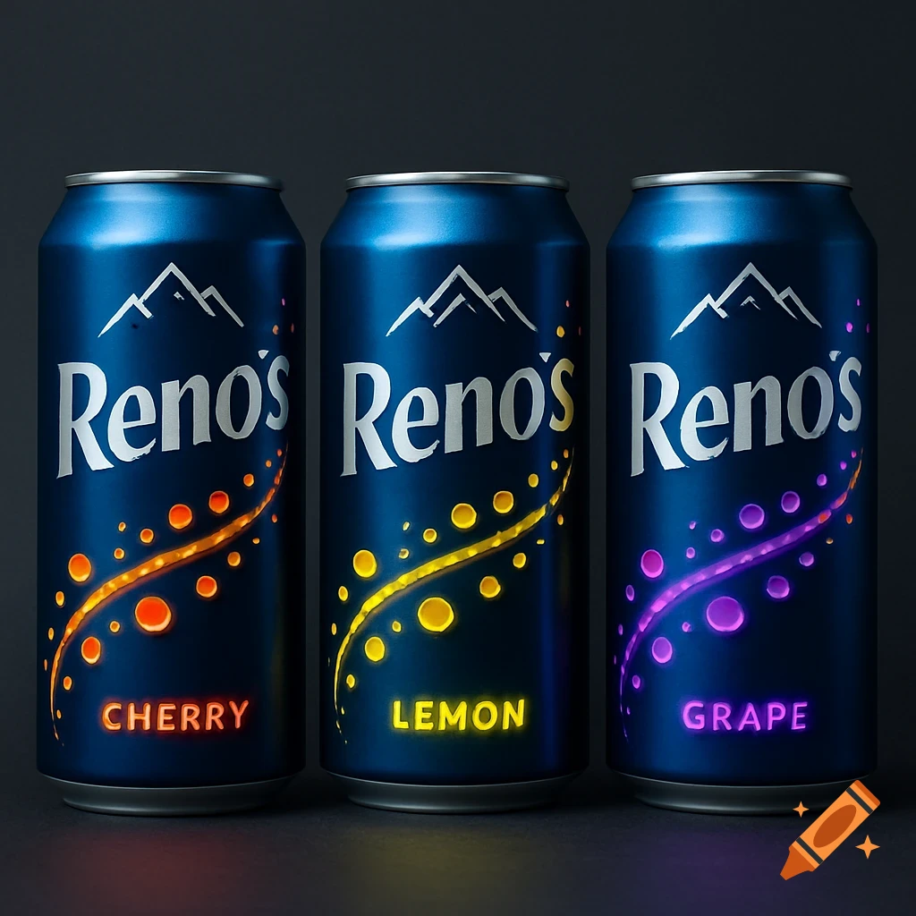 Three metallic blue Reno's soda cans: cherry with orange bubbles, lemon with yellow bubbles, and grape with purple bubbles.