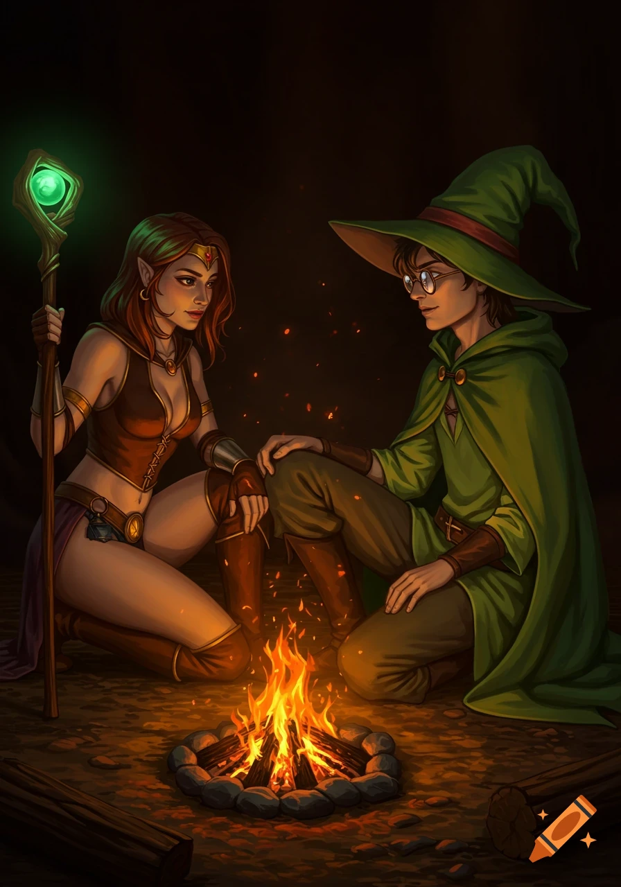 An elf woman with a glowing staff and a wizard in a green hat sit by a campfire in a dark fantasy setting.