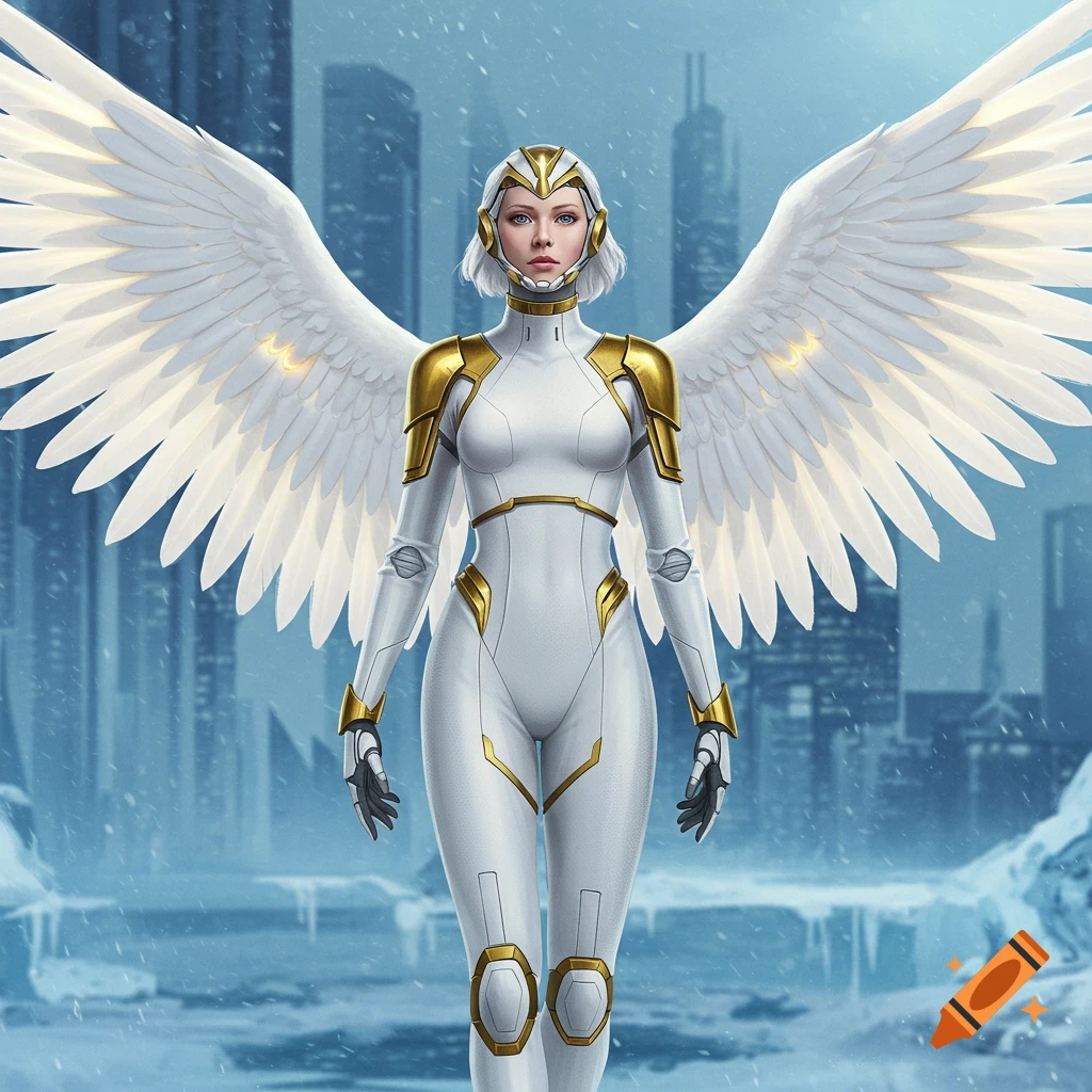 A female superhero with large white wings and a white and gold armored jumpsuit stands in a snowy futuristic city.