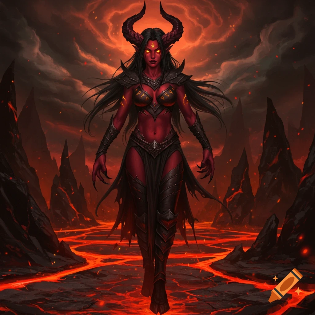 A red-skinned demoness with glowing eyes, horns, and black armor stands in a fiery, volcanic landscape.