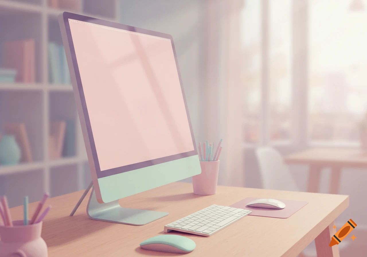 A minimalist pastel computer setup on a wooden desk with a monitor, keyboard, and mouse, against a blurred background.
