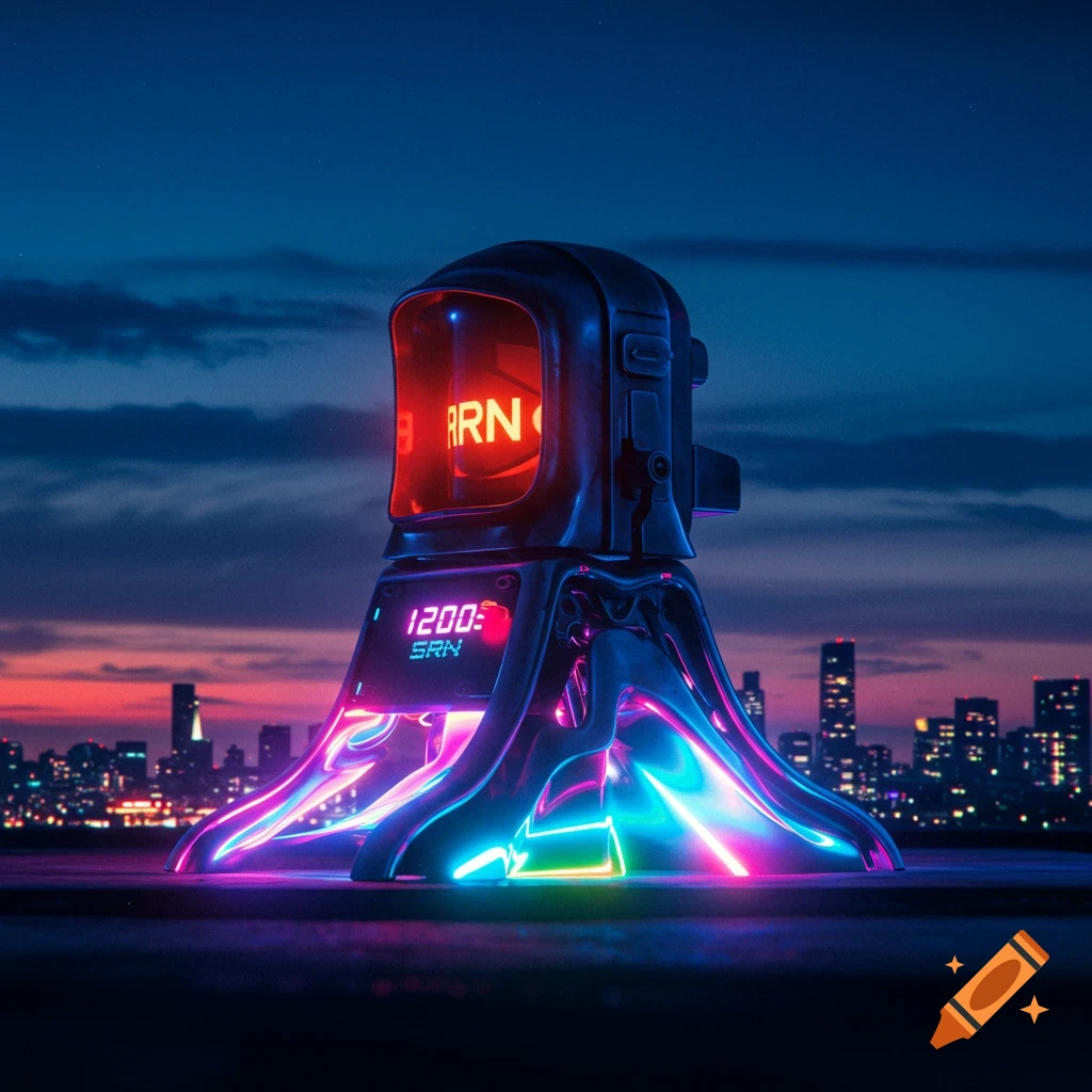 A futuristic, rainbow-colored siren-like device with neon lights on a rooftop overlooking a cyberpunk city at dusk.