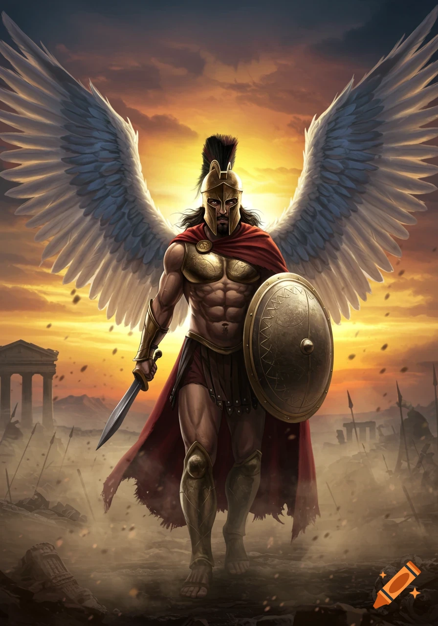 Muscular winged Spartan warrior in gold armor and red cape, holding a sword and shield, standing on a battlefield at sunset.