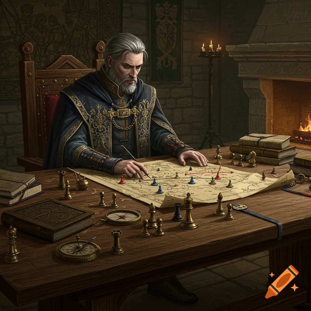 A grey-haired tactician in ornate robes studies a battle map with chess pieces in a medieval chamber by a fireplace.