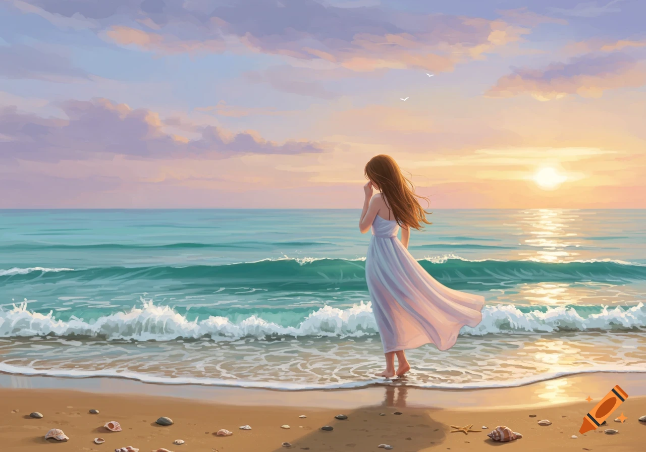 Illustration of a woman in a white dress standing at the ocean shore during sunset.