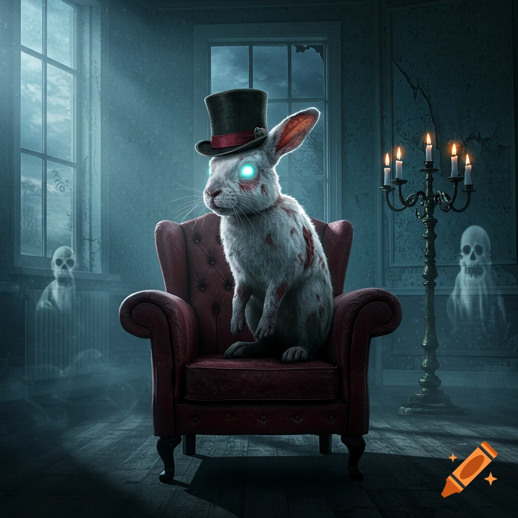 A blood-splattered zombie rabbit with glowing eyes and a top hat sits in a red armchair in a dark, haunted room with ghosts.