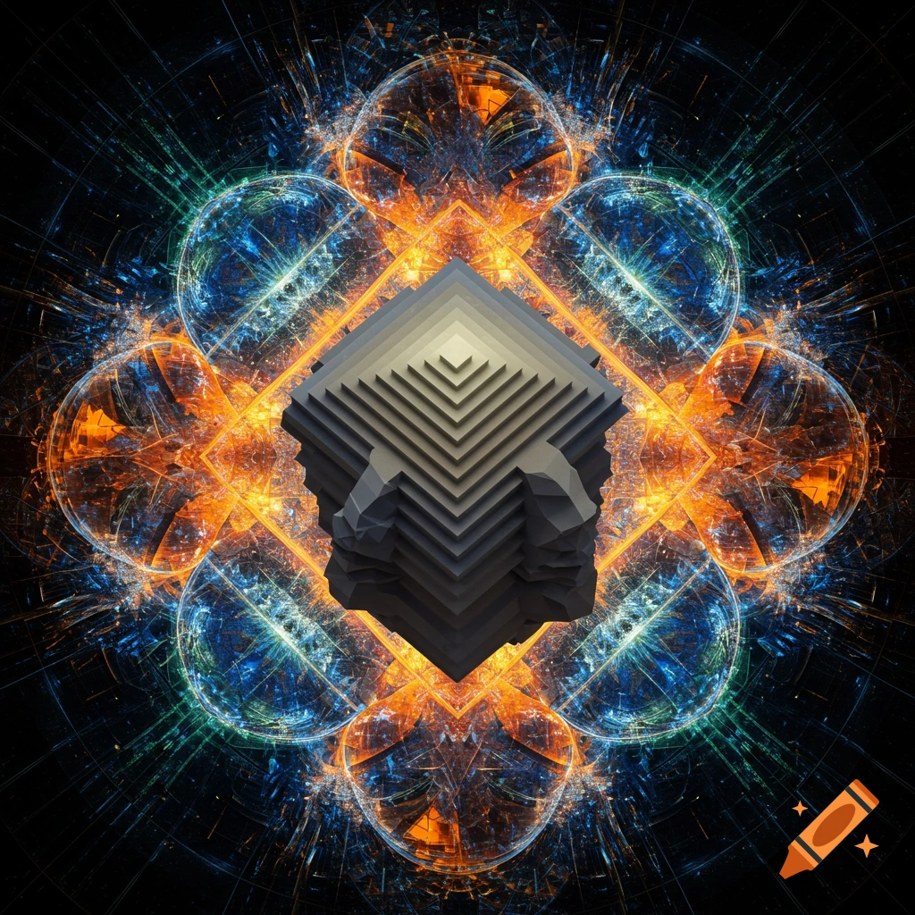 A central gray tiered cube-like structure surrounded by vibrant orange and blue abstract fractal patterns on a dark background.