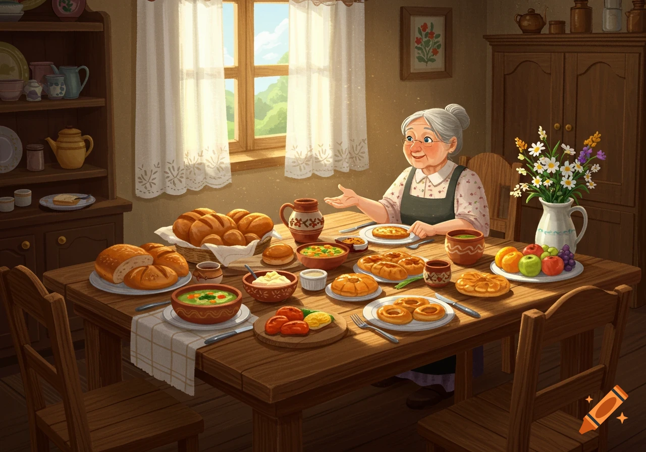 An illustrated scene of an elderly woman at a wooden table abundant with breads, soups, and fruits in a cozy room.