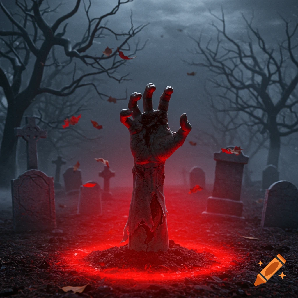A decaying zombie hand rises from a grave with a red glow in a misty, dark graveyard surrounded by bare trees and tombstones.