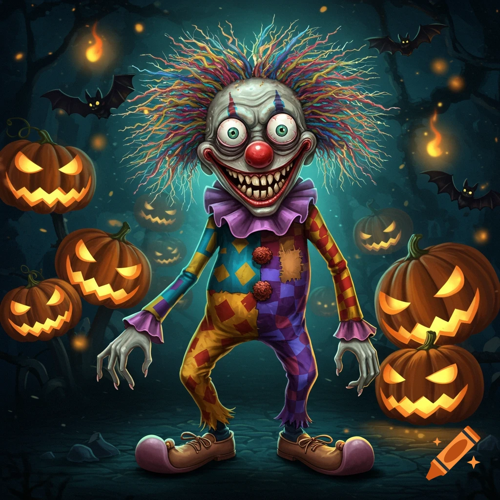 A scary, colorful Halloween clown with wild hair and sharp teeth stands in a spooky forest with glowing jack-o'-lanterns and bats.