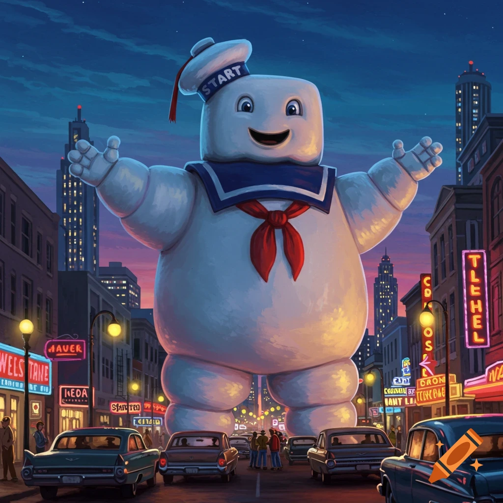 The giant Stay Puft Marshmallow Man stands smiling in a city street at dusk, surrounded by cars and buildings with neon signs.