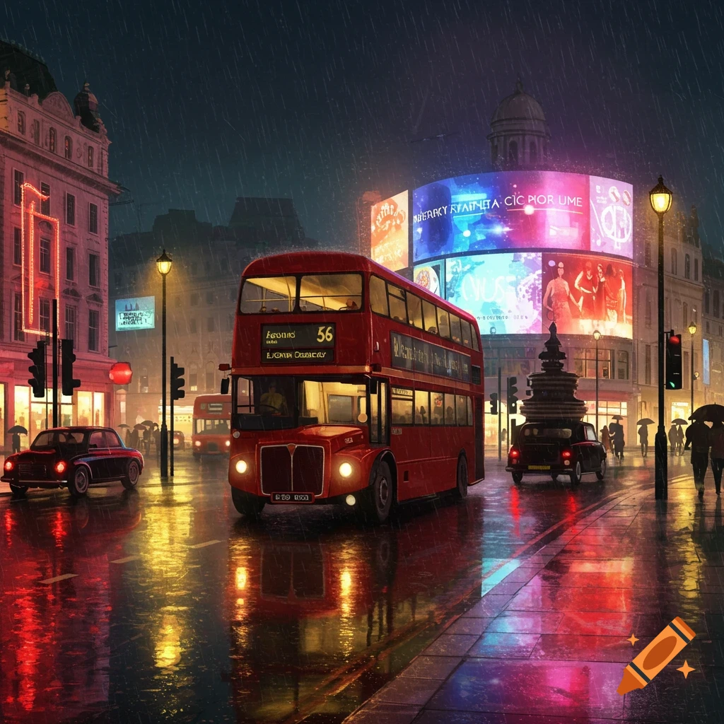 A red double-decker London bus drives through a rainy Piccadilly Circus at night, with bright, colorful reflections on the wet street.