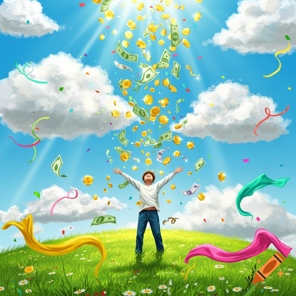 An illustrated person with arms open wide stands in a grassy field with flowers, as money, coins, and confetti rain down from a bright blue sky.