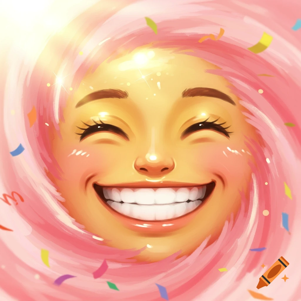 A vibrant, cheerful cartoon face with rosy cheeks and a wide smile, surrounded by pink swirls and colorful confetti.