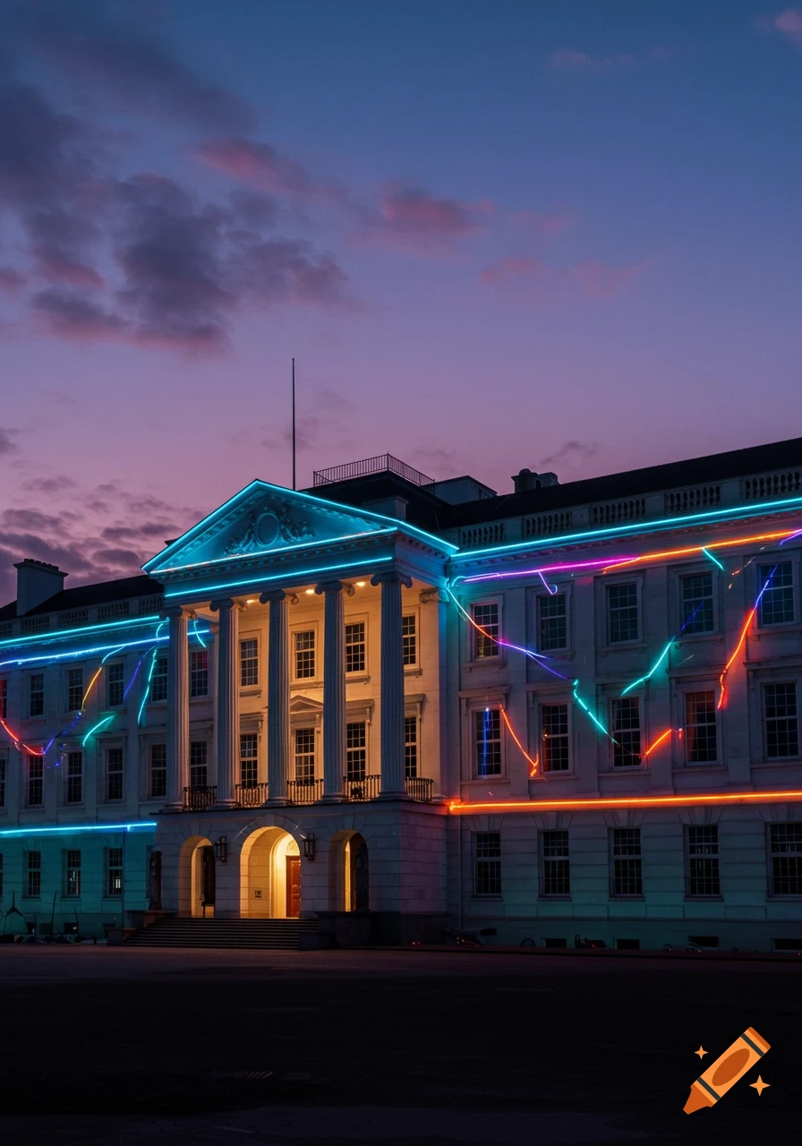 A grand white building with columns is illuminated by bright blue, pink, and orange neon-like LED lights against a twilight purple and pink sky.