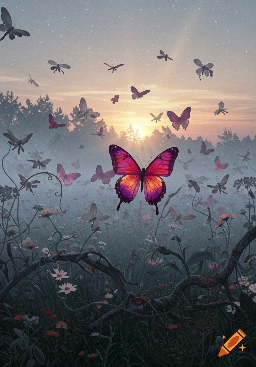 A vibrant pink and orange butterfly in a misty field at sunrise, surrounded by numerous other butterflies, flowers, and a forest.