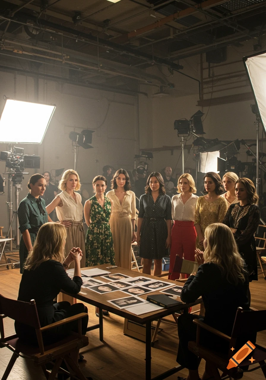 A group of diverse women stand in a brightly lit studio, facing two women seated at a table covered with headshots, resembling a casting call.
