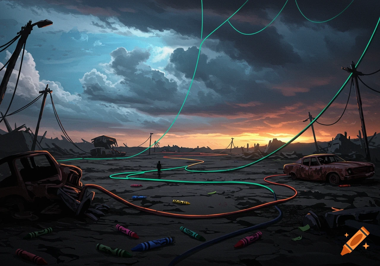 A stencil-style post-apocalyptic landscape at sunset with ruined cars, utility poles, glowing cables, and scattered crayons.