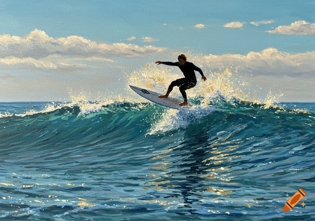A detailed acrylic painting of a man in a black wetsuit surfing on a large blue-green wave under a clear sky with clouds.