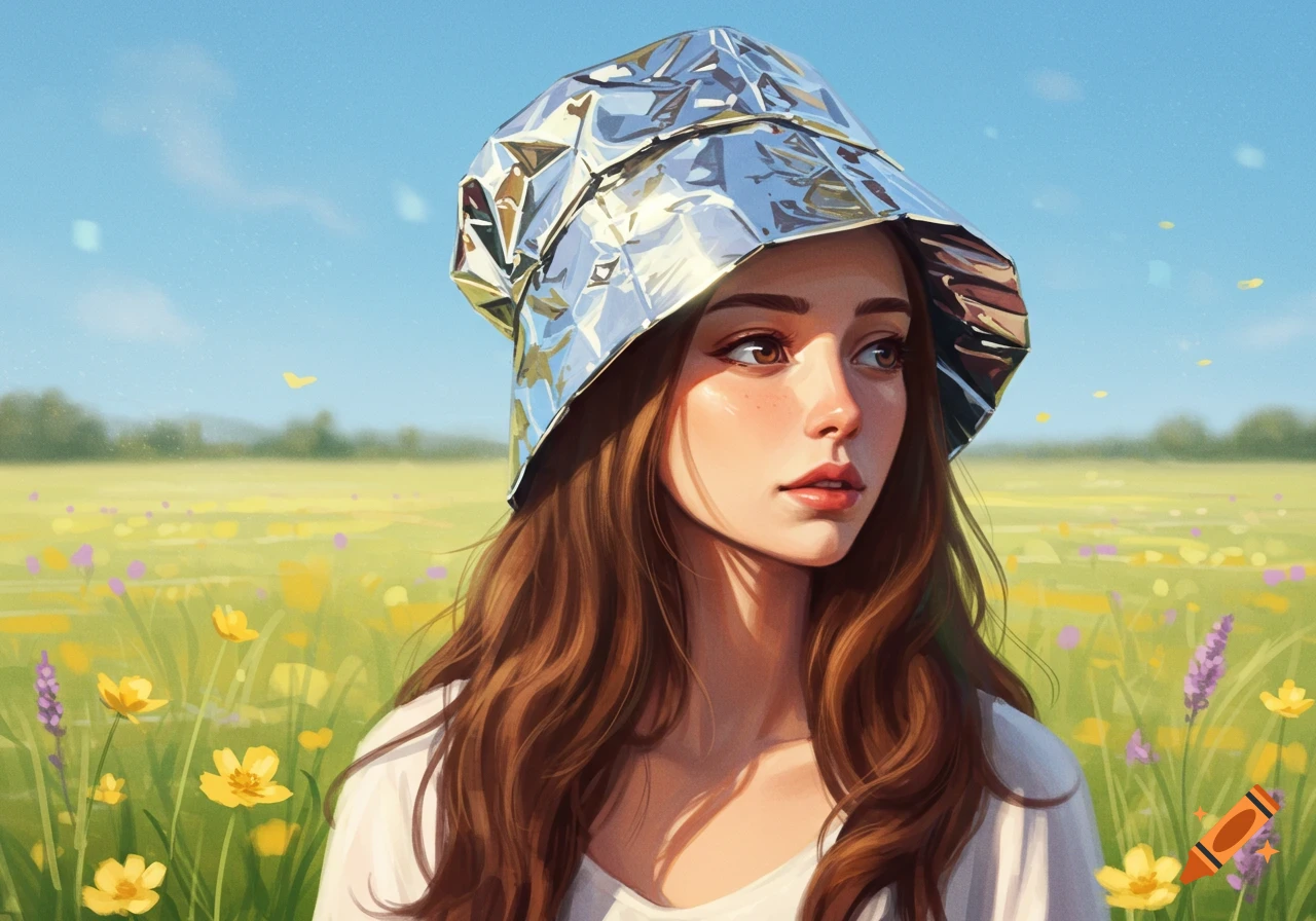 Digital painting of a young woman with long brown hair wearing a crumpled foil hat in a sunny field of wildflowers.