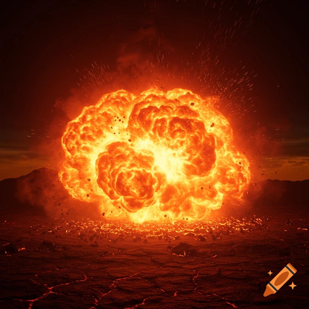 A massive fiery orange explosion dominates a dark, desolate landscape with cracked, glowing ground and distant mountains.