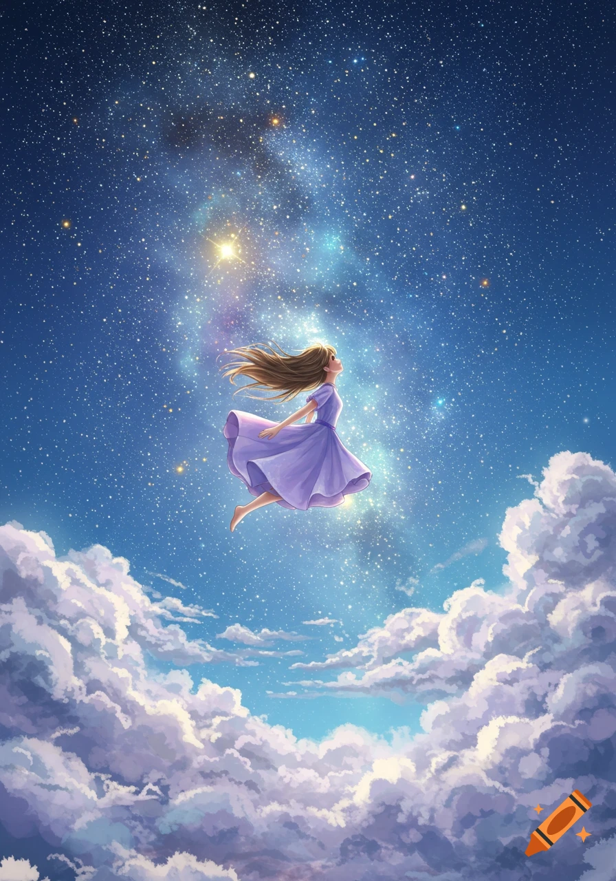 An illustrative fantasy scene of a girl in a purple dress floating through a starry night sky above fluffy clouds.