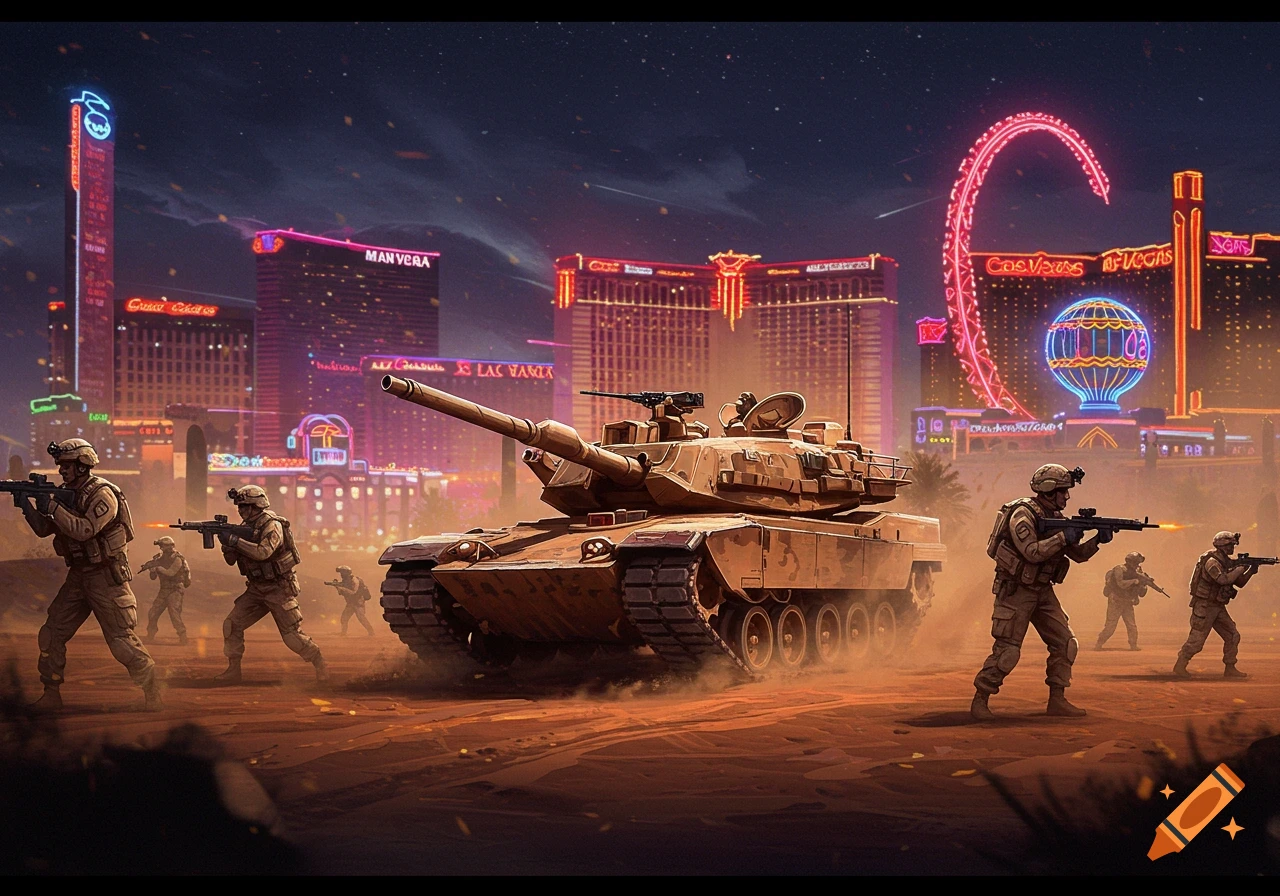 American soldiers and a tank advance through a futuristic Las Vegas cityscape at night, rendered in digital art style.