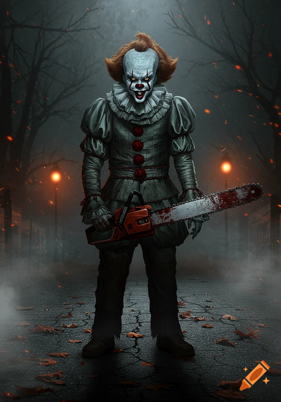 Full body illustration of Pennywise holding a blood-covered chainsaw on a dark, foggy street with trees and orange streetlights.