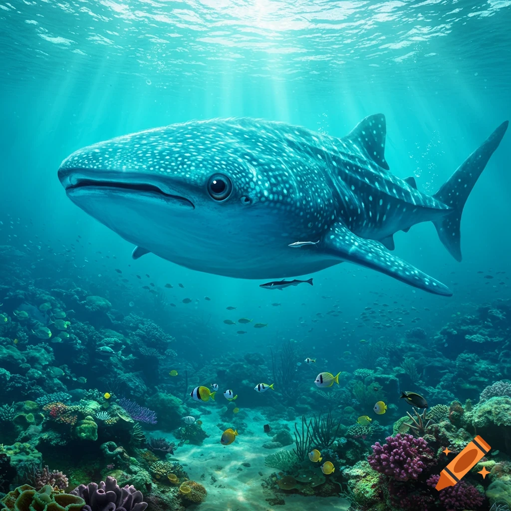 A large whale shark swims through a vibrant coral reef, with sun rays piercing the turquoise water.