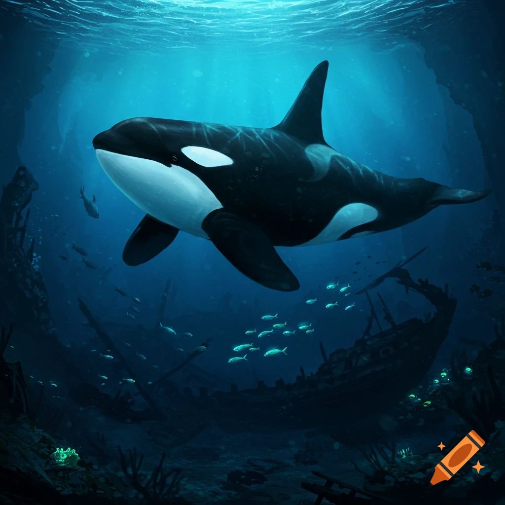 An orca swims over several shipwrecks and small fish in a deep blue underwater scene, with light filtering from above.