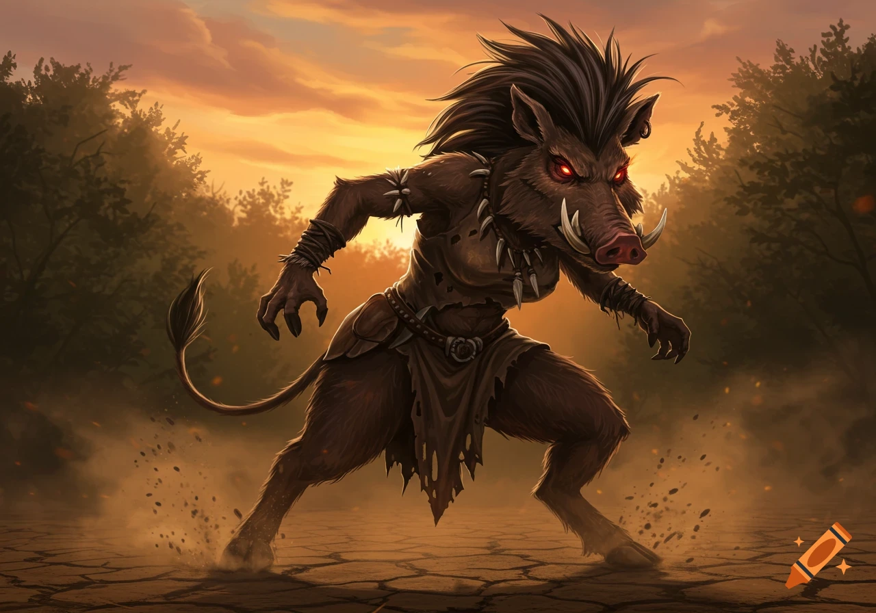 An angry, anthropomorphic wild boar creature with glowing red eyes, tribal clothes, and tusks stomps on cracked earth at sunset.